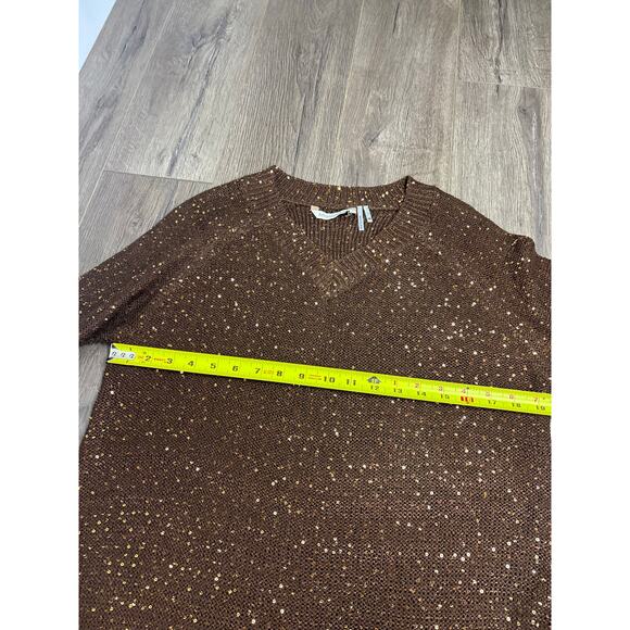 Soft Surroundings Brown Gold Sequin Sweater Women’s PM V-Neck Knit Pullove - Picture 5 of 7